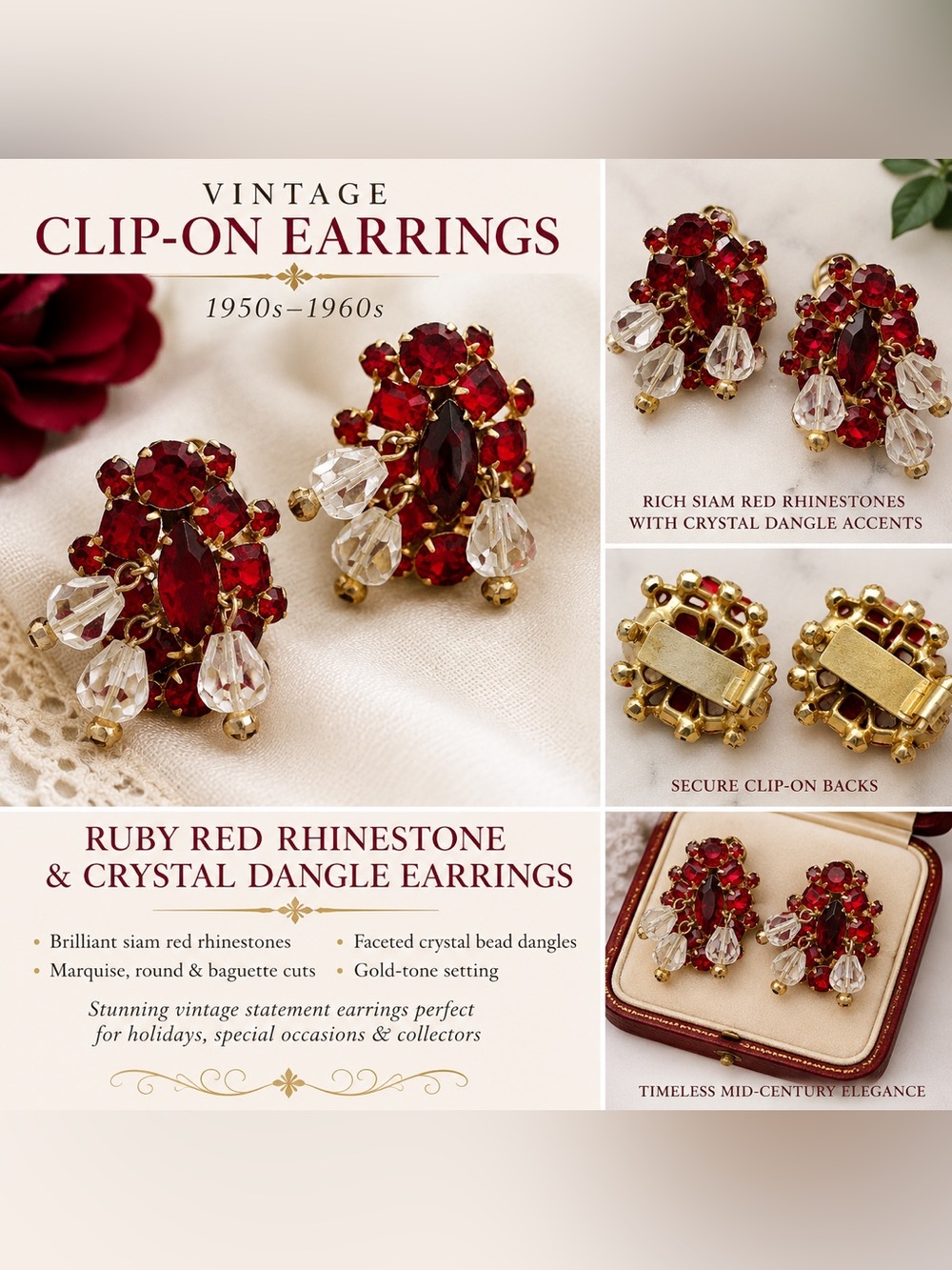 Vintage Ruby Red Rhinestone Clip-On Earrings - Gold Tone